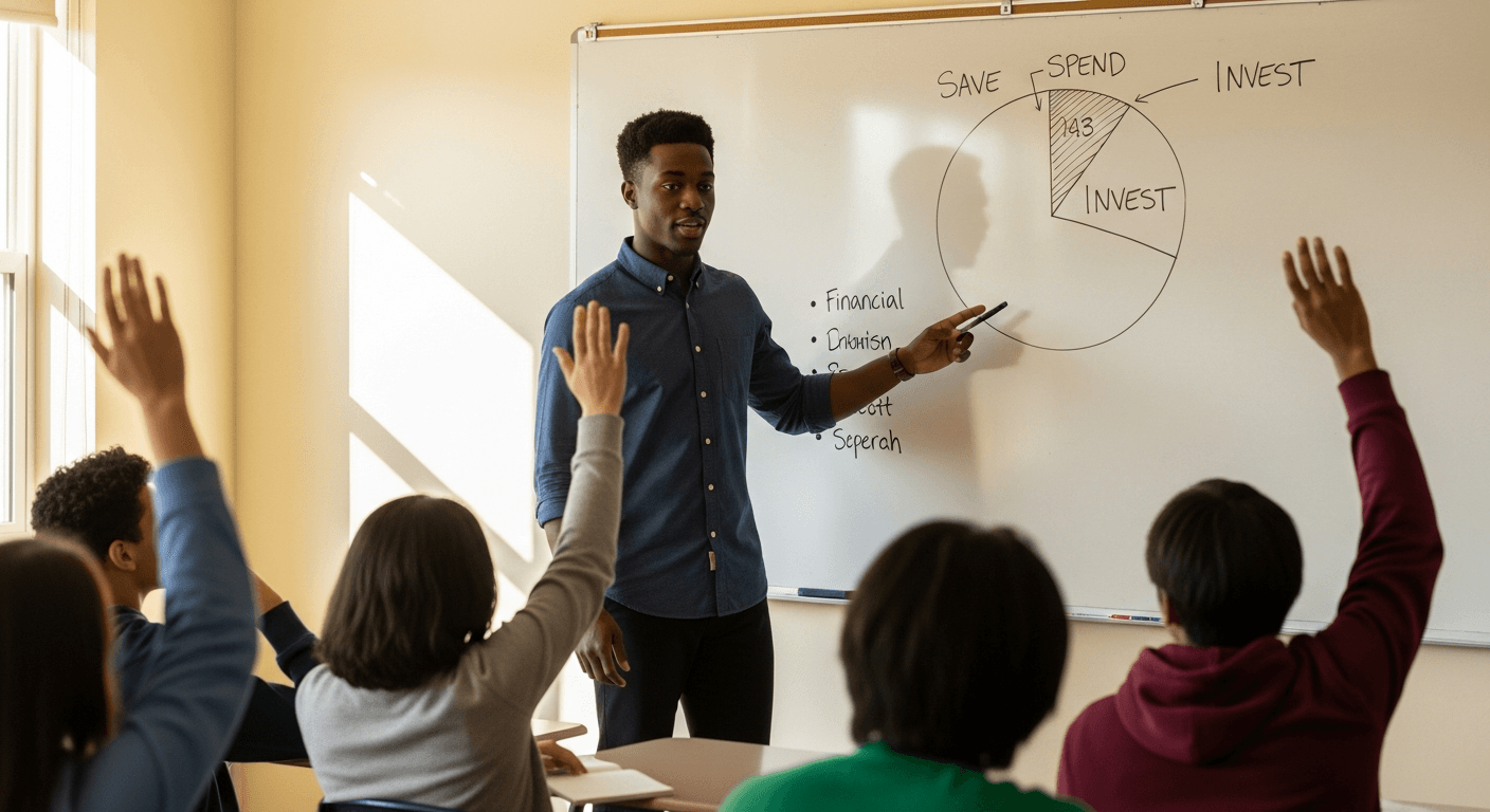 Educator teaching financial literacy at whiteboard