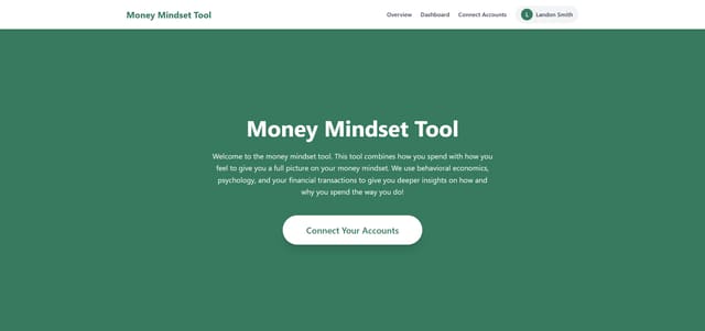 Screenshot of the Money Mindset Tool welcome screen with a "Connect Your Accounts" button.