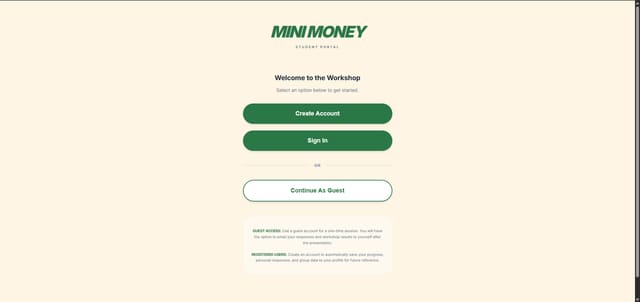 Screenshot of the Mini Money workshop student portal sign-in screen.